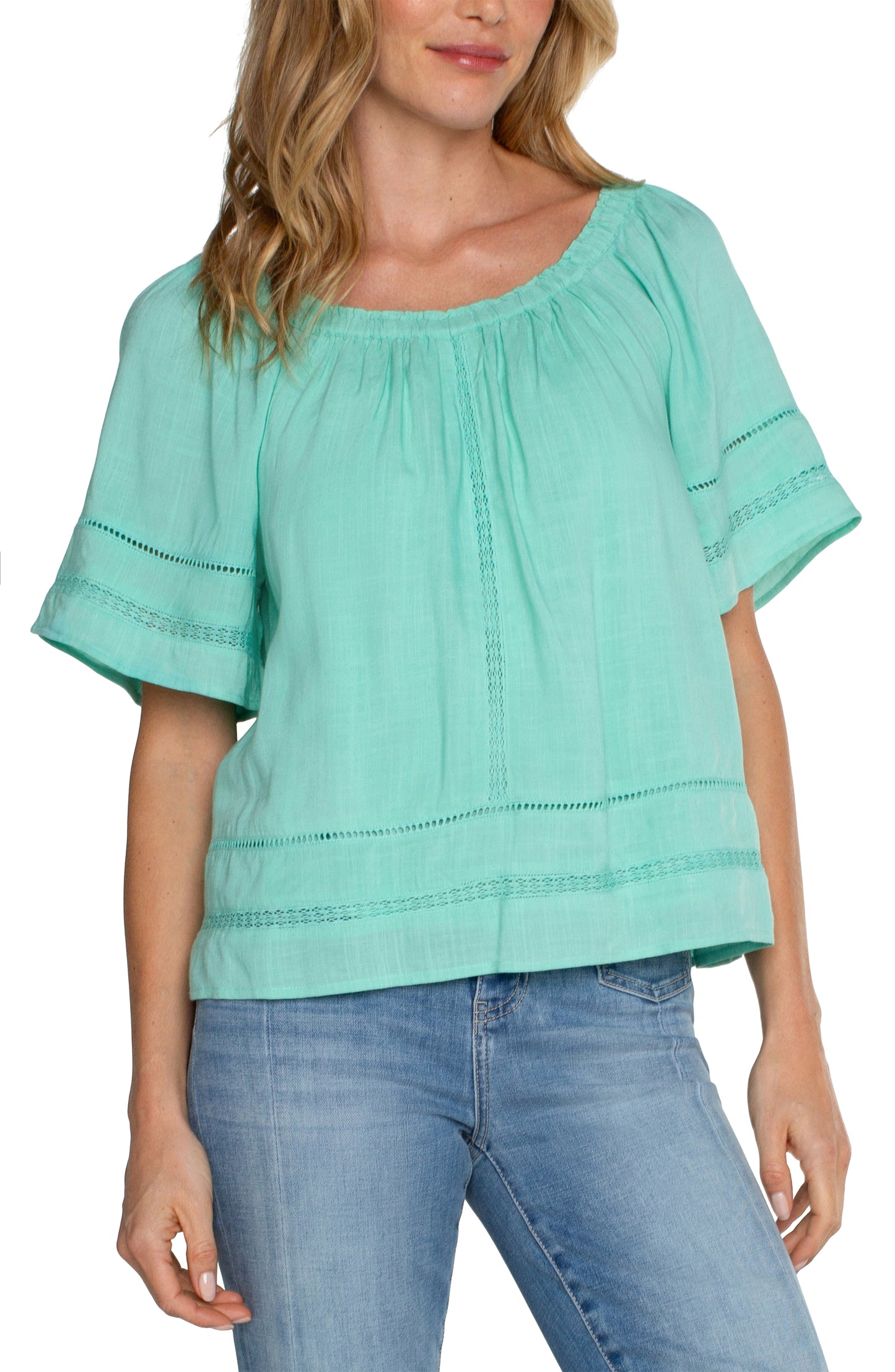Liverpool Cropped Bell Sleeve Top with Lace Trim (Mint)