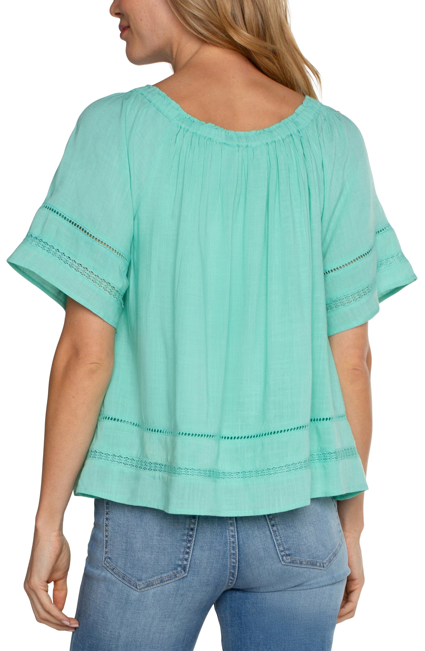 Liverpool Cropped Bell Sleeve Top with Lace Trim (Mint)