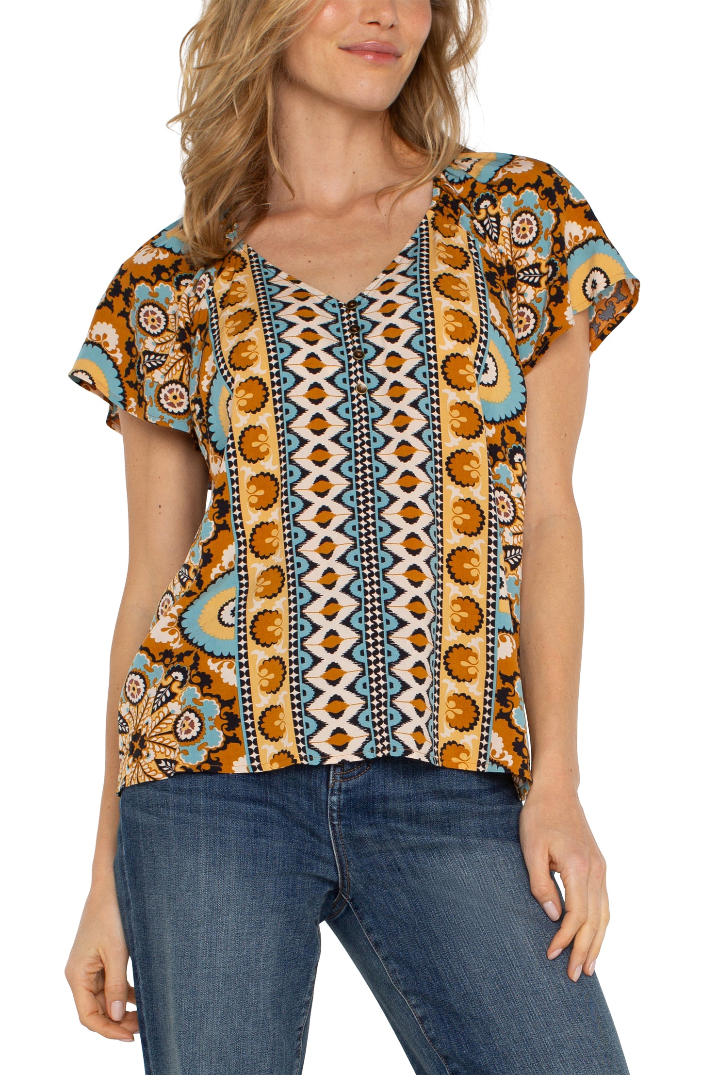 Liverpool Short Flutter Sleeve Raglan Woven Top (Ocean Jasper Multi)