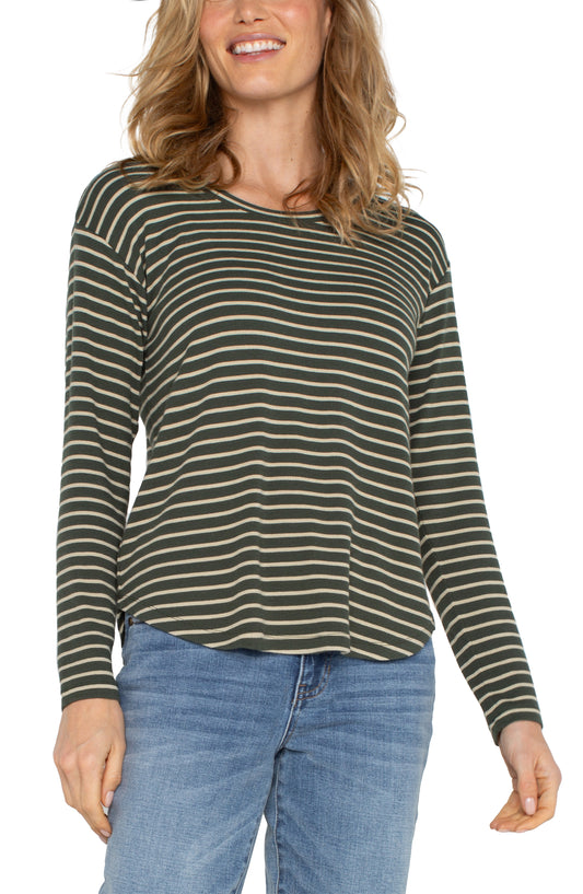 Liverpool Long Sleeve Drop Shoulder Scoop Neck Knit (Moss Green Stripe)