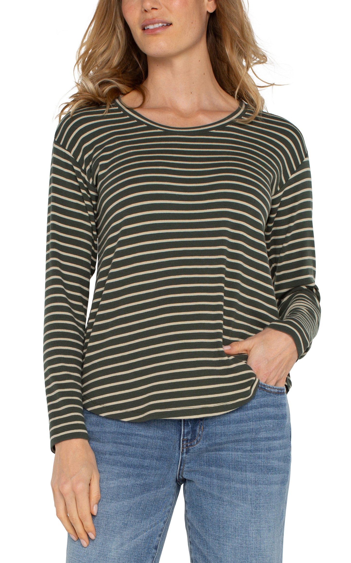 Liverpool Long Sleeve Drop Shoulder Scoop Neck Knit (Moss Green Stripe)