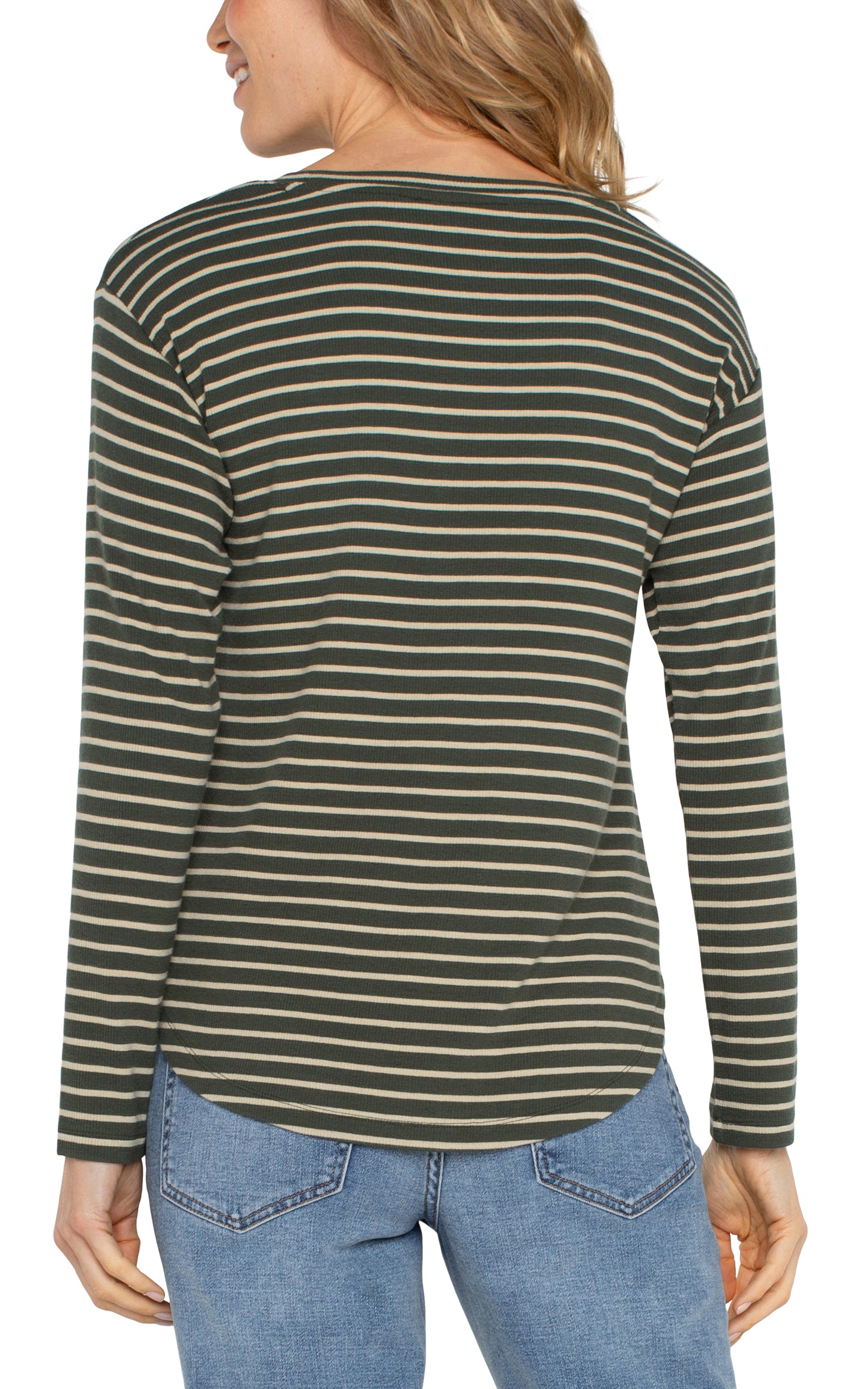 Liverpool Long Sleeve Drop Shoulder Scoop Neck Knit (Moss Green Stripe)