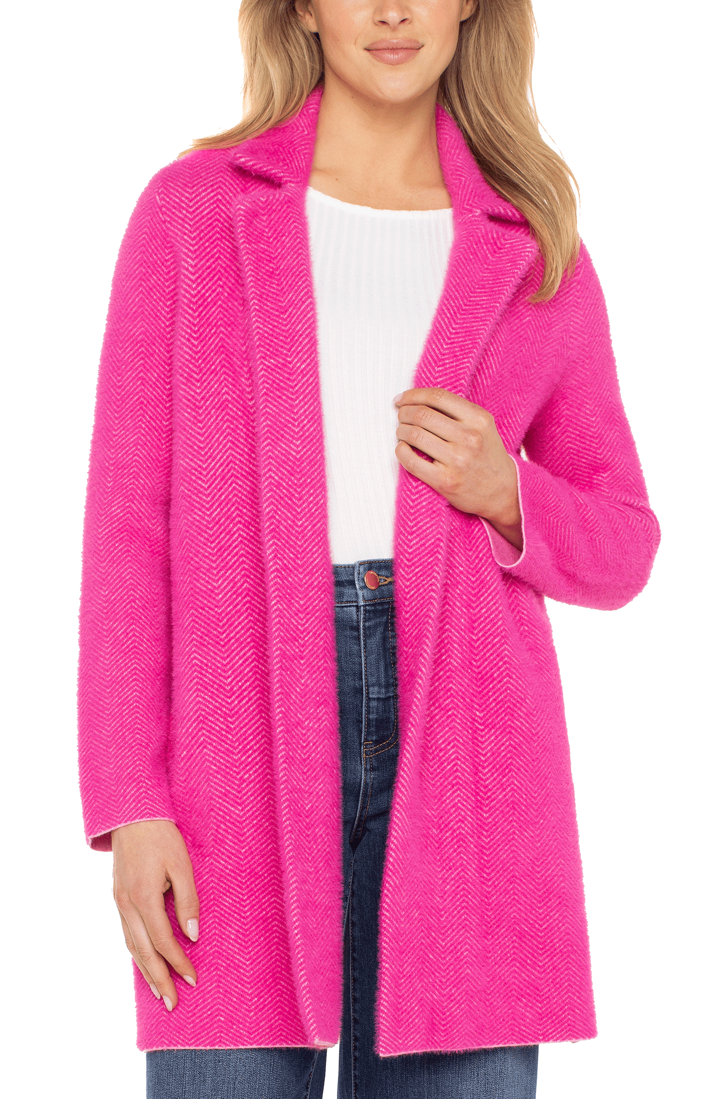 Liverpool Long Sleeve Open Front Sweater Coat (Deep Raspberry Pink)