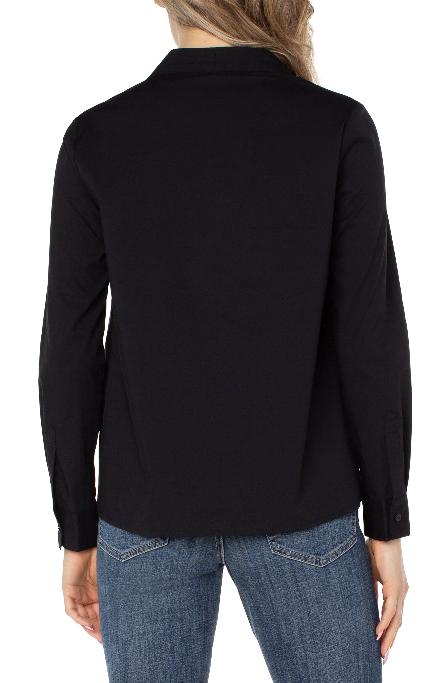 Liverpool V-Neck Long Sleeve Woven Top with Pleat Details