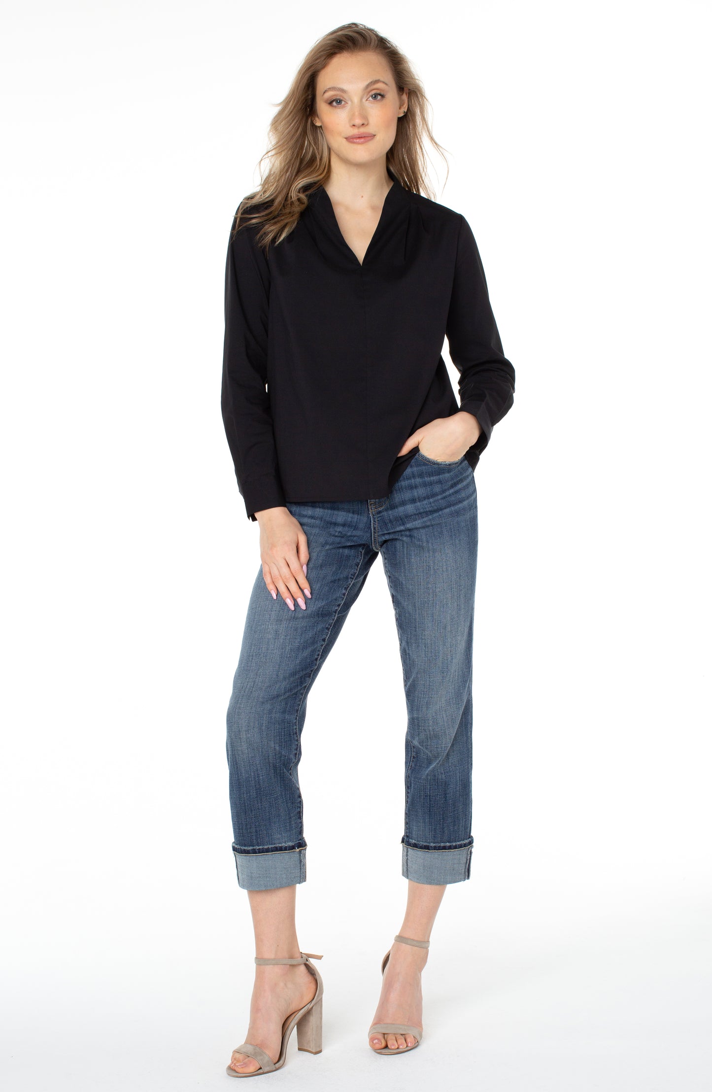 Liverpool V-Neck Long Sleeve Woven Top with Pleat Details