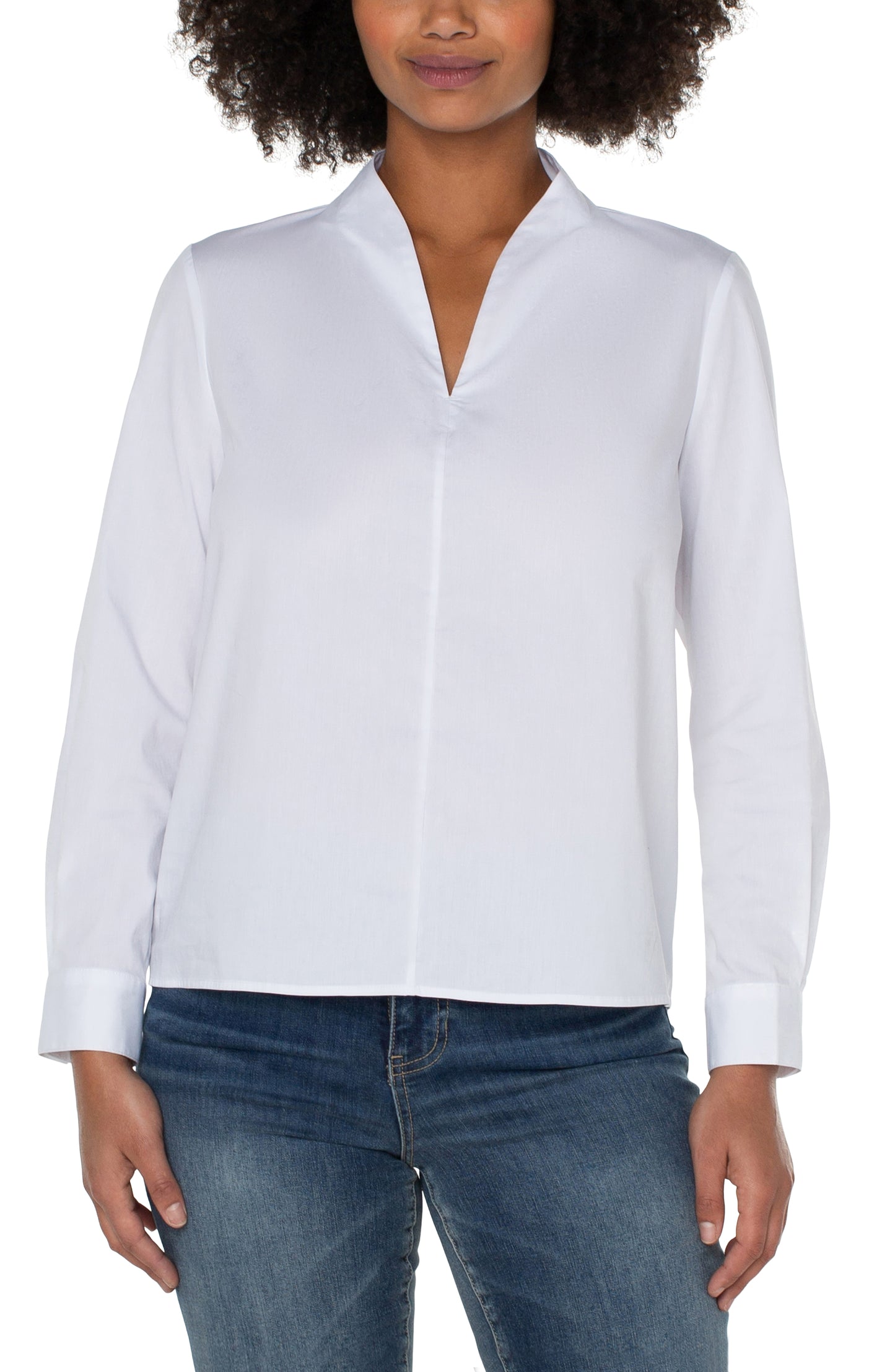 Liverpool V-Neck Long Sleeve Woven Top with Pleat Details