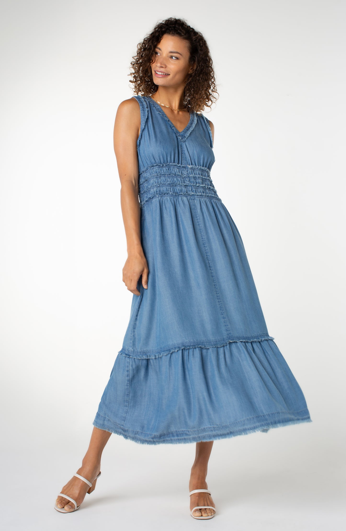 Liverpool Smocked V-neck Fray Maxi (Delwood)