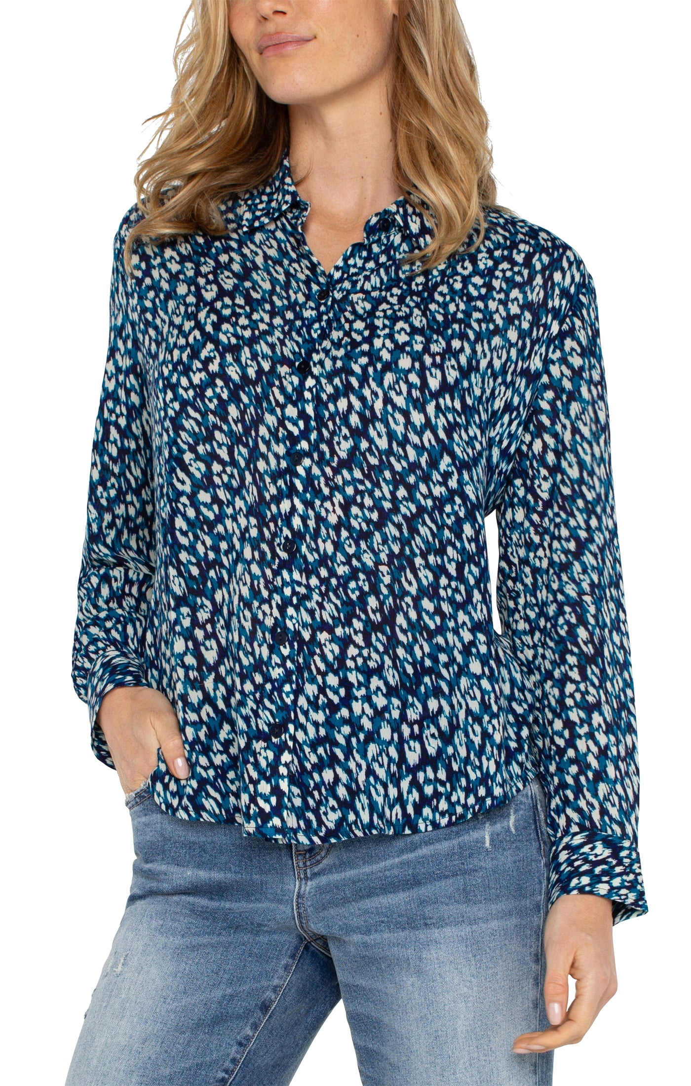 Liverpool Long Sleeve Botton Front Woven Shirt (Blue Topaz Animal)