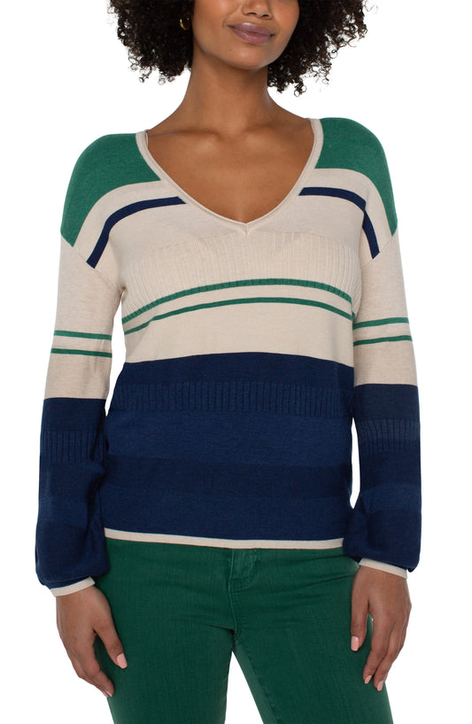 Liverpool V Neck Blouson Sweater w/Colorblocking (Emerald Blue Combo)