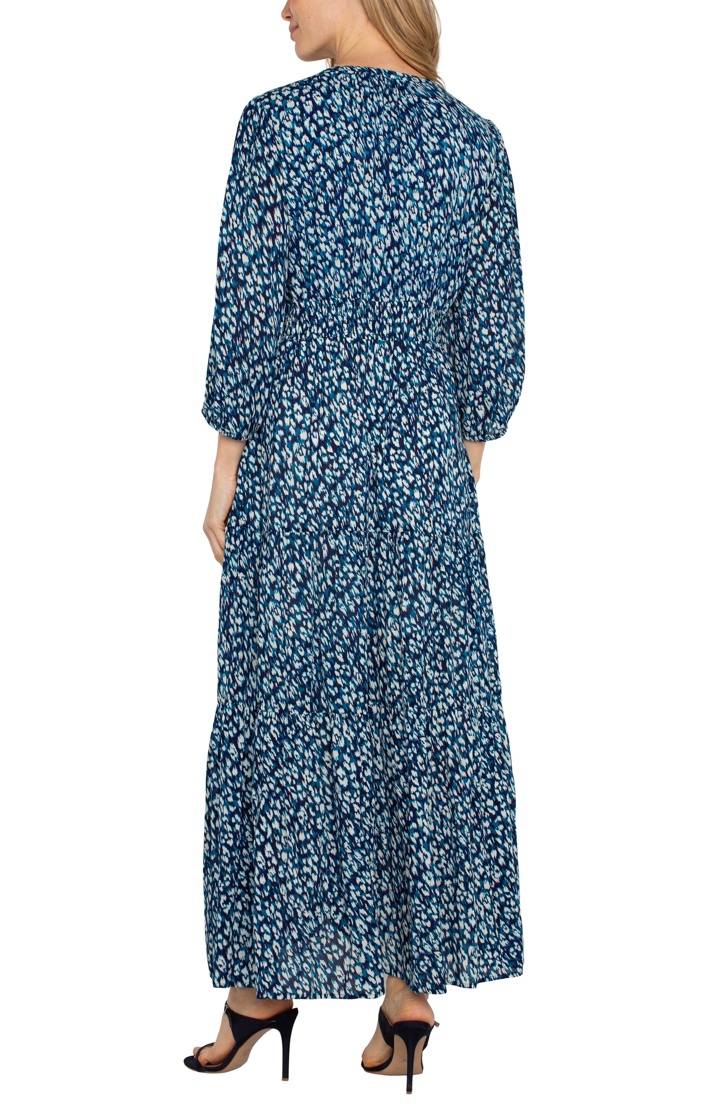 Liverpool 3/4 Sleeve Tiered Woven Maxi Dress (Blue Topaz Animal)