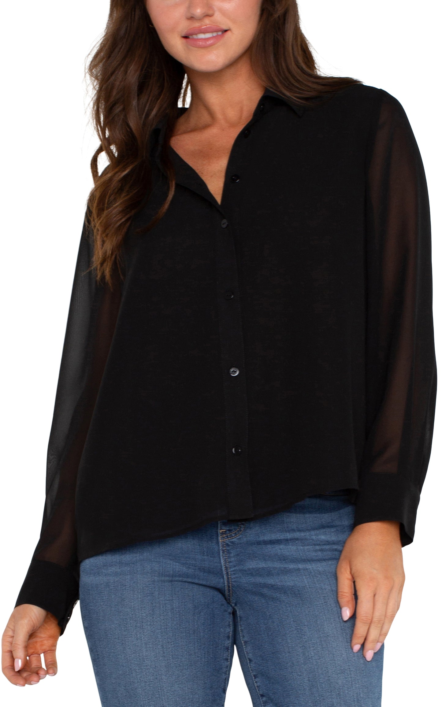 Liverpool Long Sleeve Woven Shirt w/ Pleat Back Detail (Black)