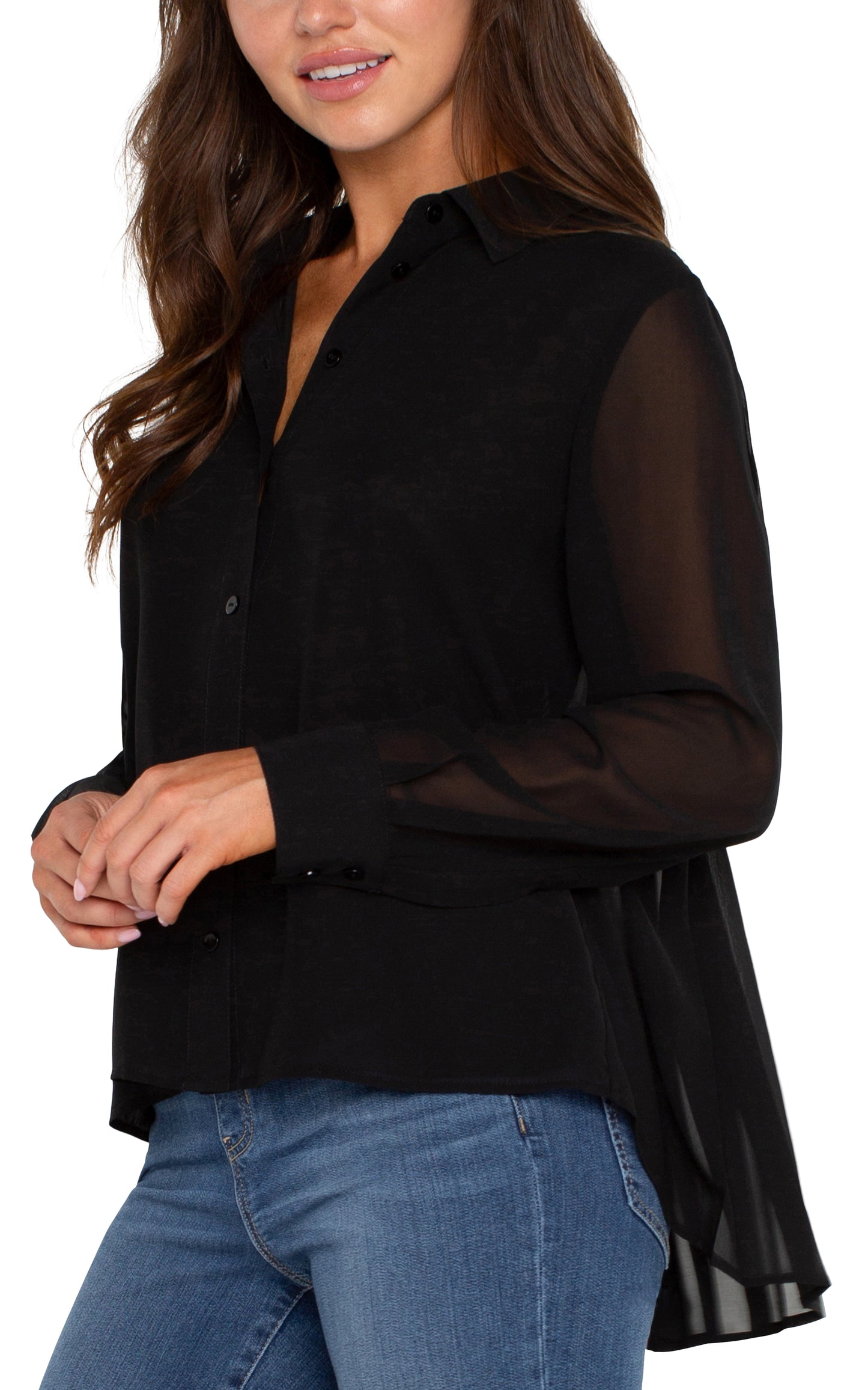 Liverpool Long Sleeve Woven Shirt w/ Pleat Back Detail (Black)