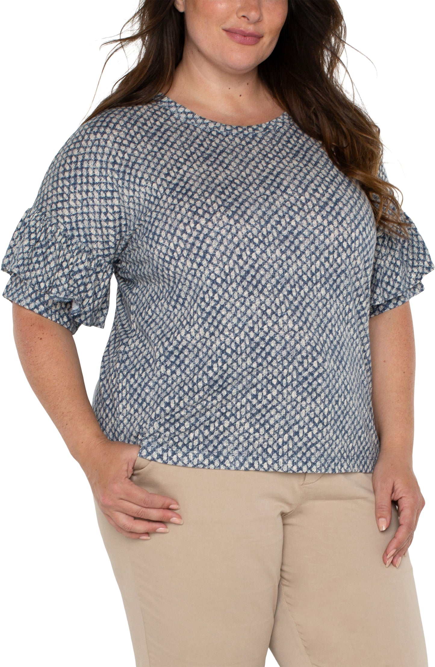 Liverpool One-Half Sleeve Drop Shoulder with Ruffle Crew Neck Knit Plus Size (Navy Text Dots)