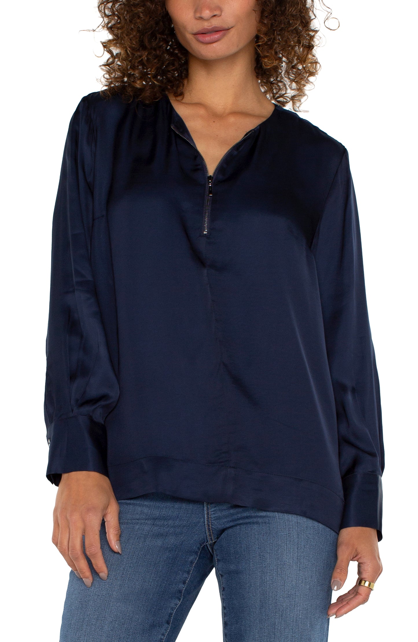 Liverpool Long Sleeve Zip Front Woven Blouse (Dark Navy)