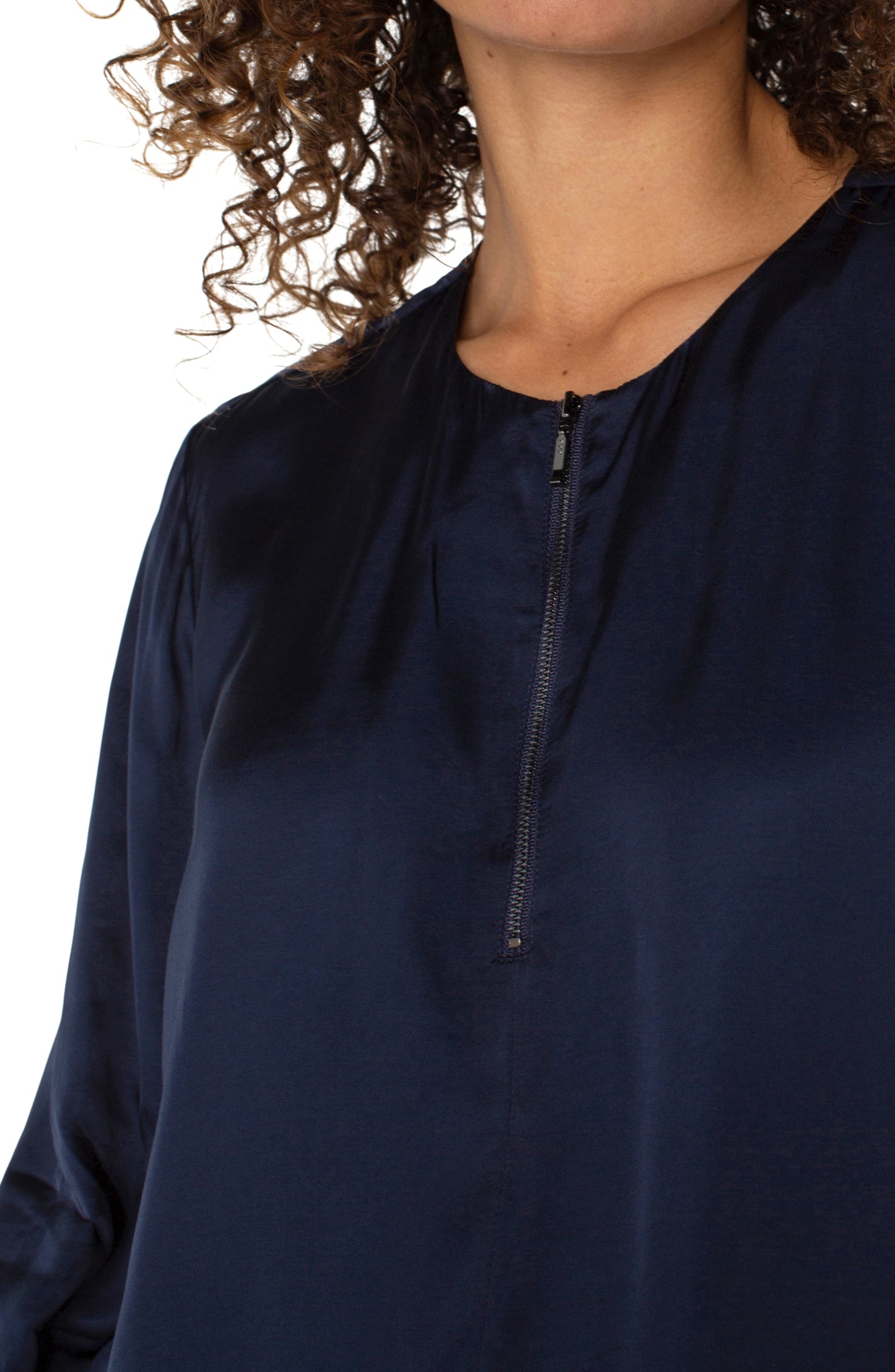 Liverpool Long Sleeve Zip Front Woven Blouse (Dark Navy)