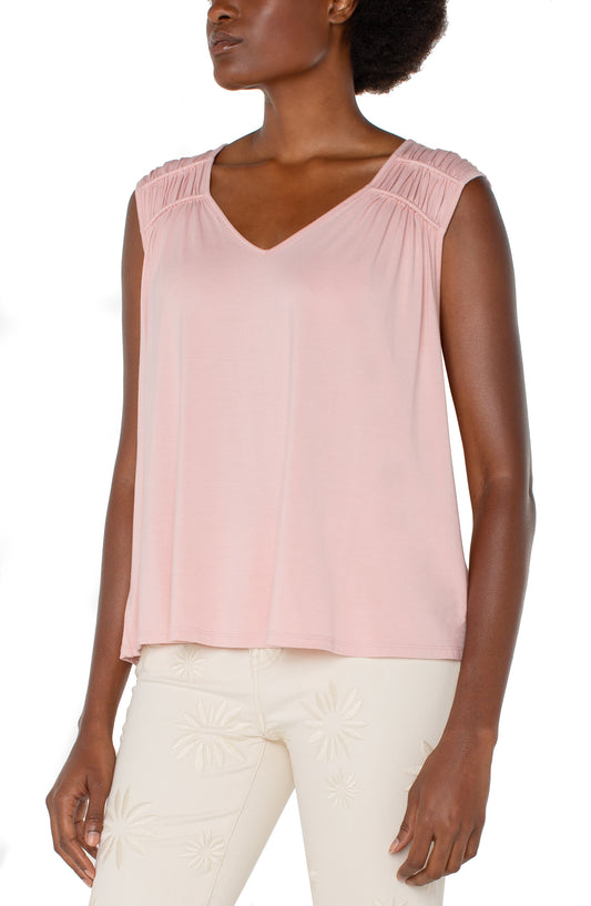 Liverpool Sleeveless Shirred Detail Knit Top (Soft Pink)