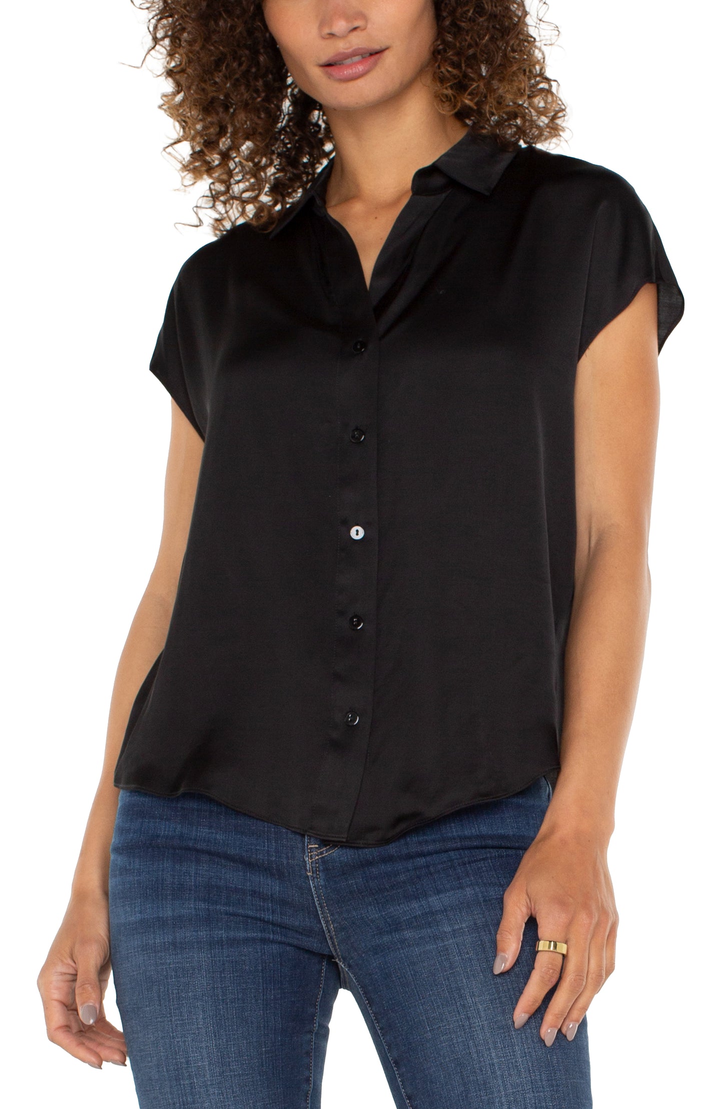 Liverpool Dolman Sleeve Collared Button Front Woven Blouse (Black)