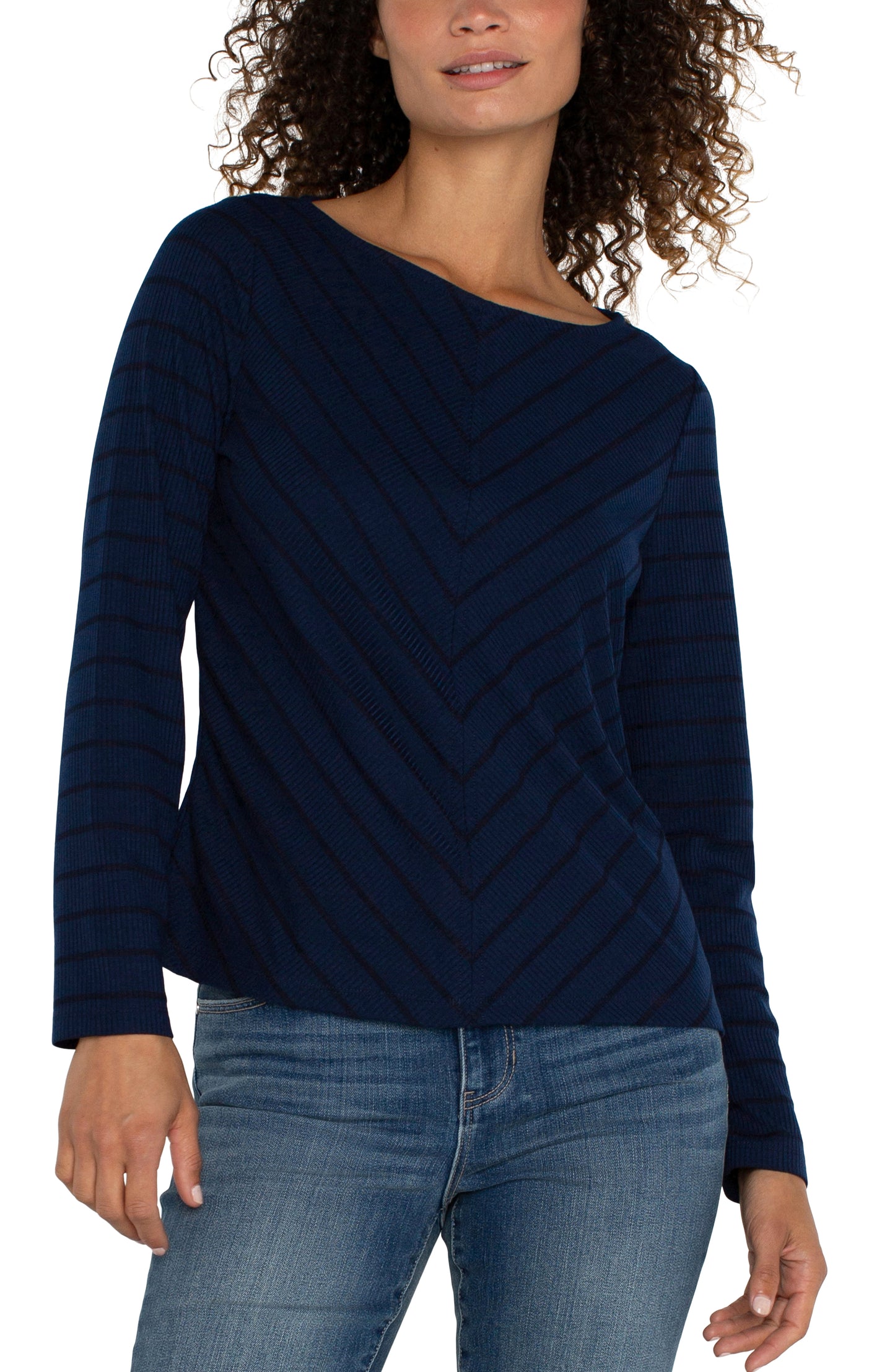 Liverpool Long Sleeve Miter Front Boat Neck Knit Top (Dark Navy Stripe)