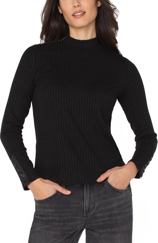 Liverpool Long Sleeve Mock Neck Knit Top W/ Button Detail (Black)