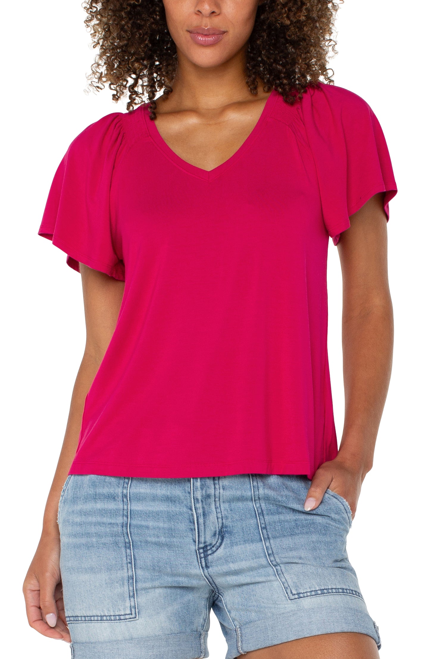 Liverpool Short Flutter Sleeve V Neck Knit Top (Cerise)