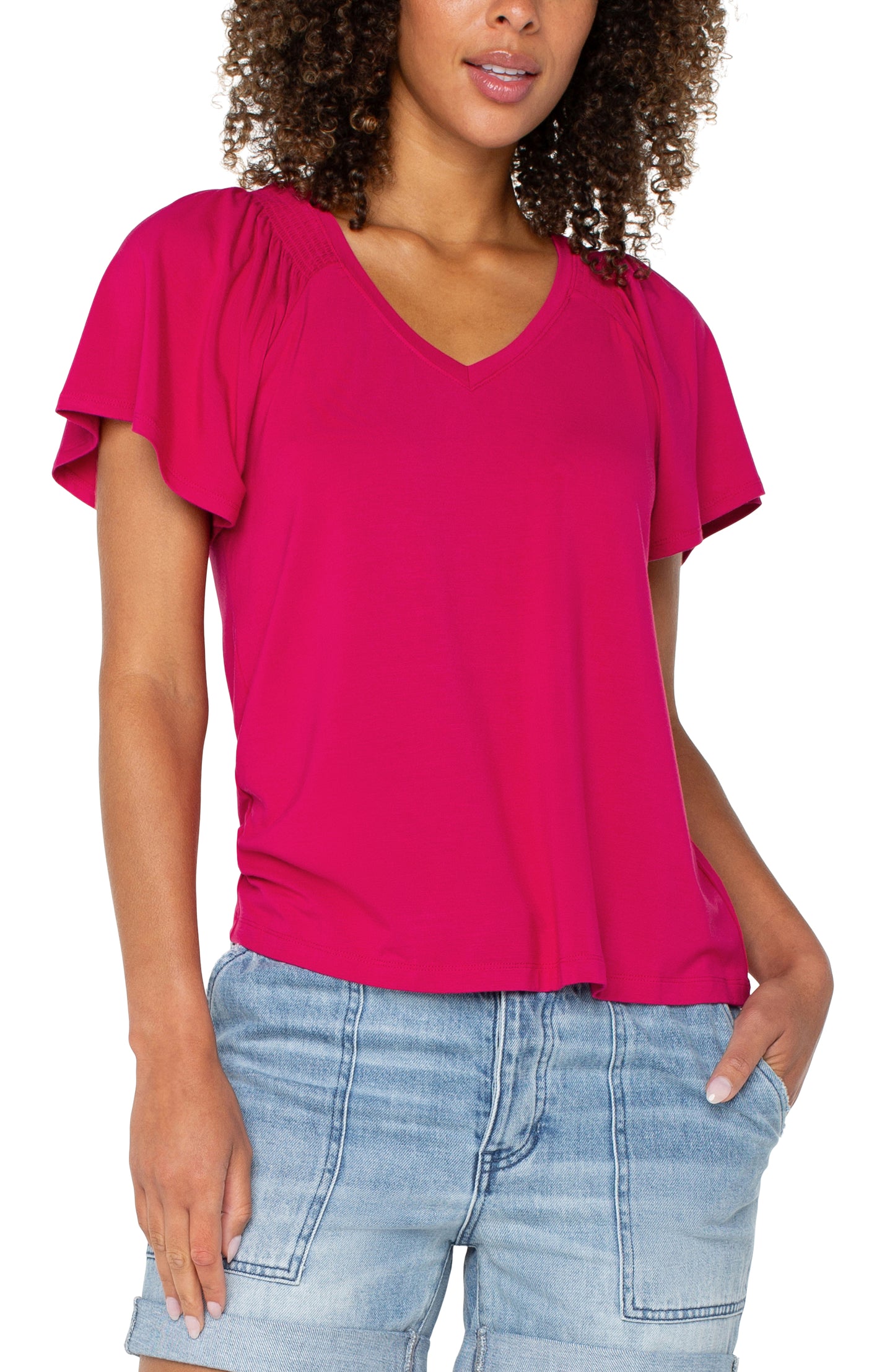 Liverpool Short Flutter Sleeve V Neck Knit Top (Cerise)