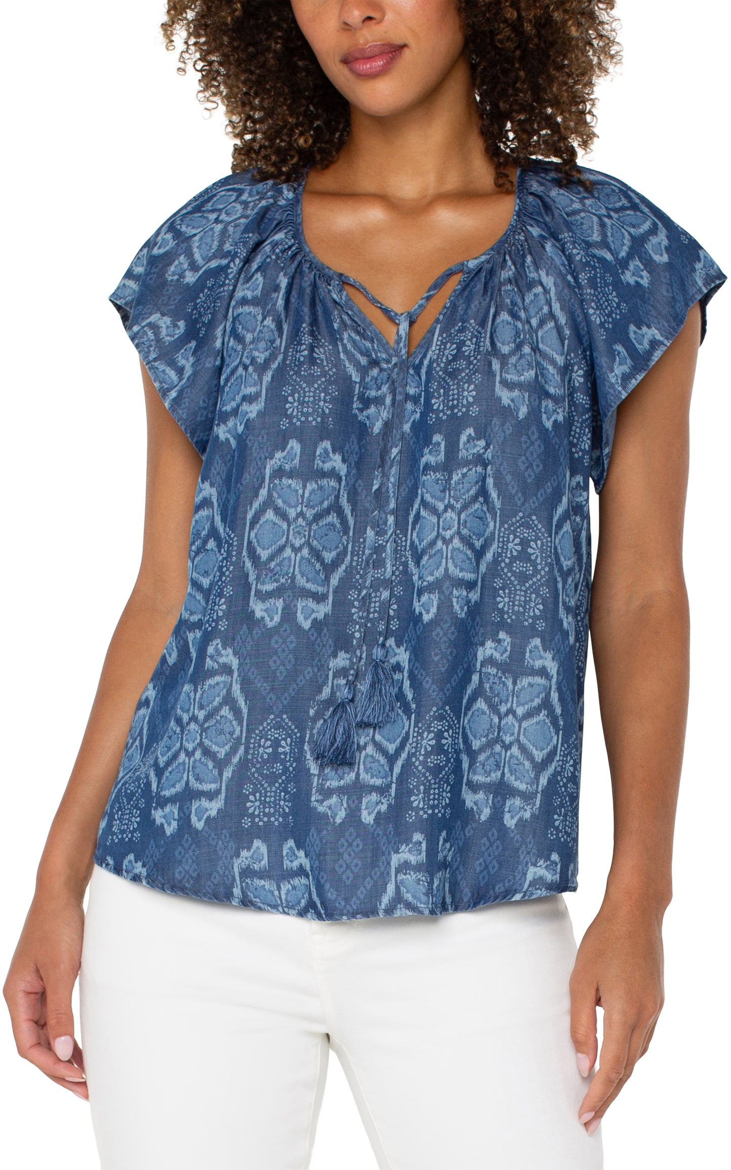 Liverpool Flutter Sleeve Woven Top w/ Front Tie Detail (Tribal Allover)