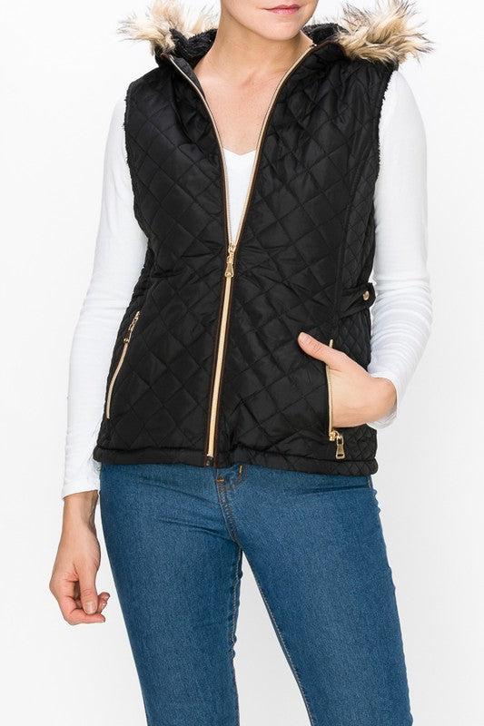 Quilted Vest with Fur Hood - Plus Size