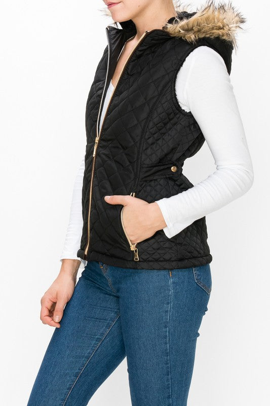 Quilted Vest with Fur Hood - Plus Size