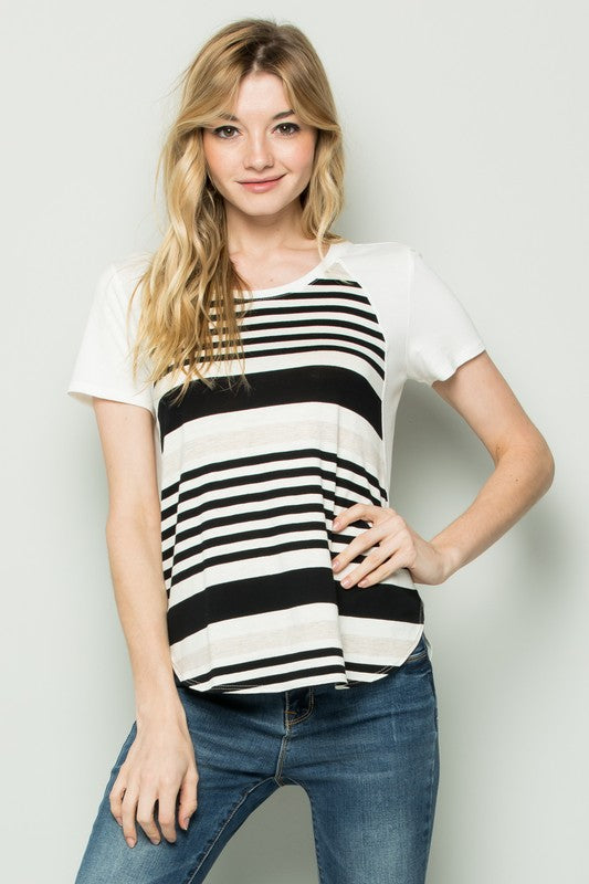 Striped panel raglan short sleeve tee