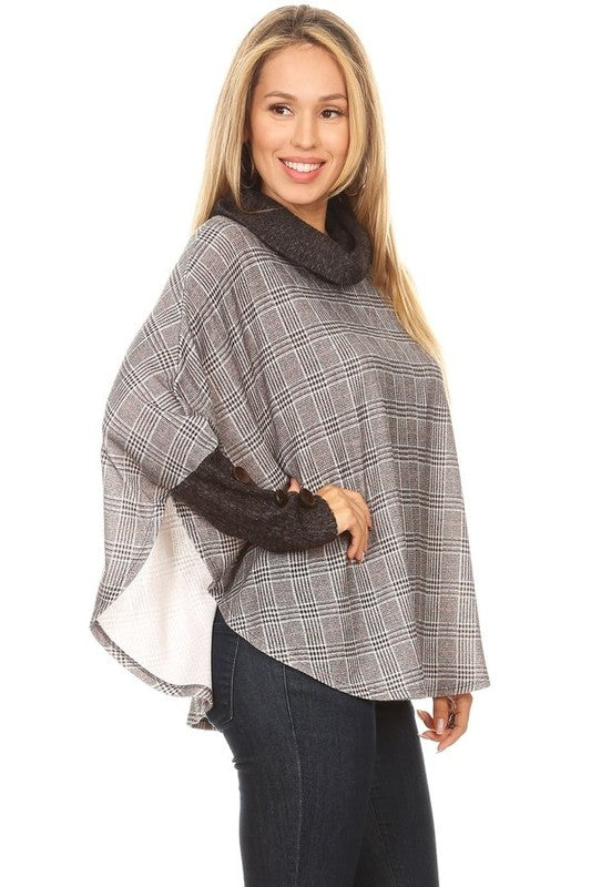 Knit Plaid Cowl Neck Pullover (Plus Size)