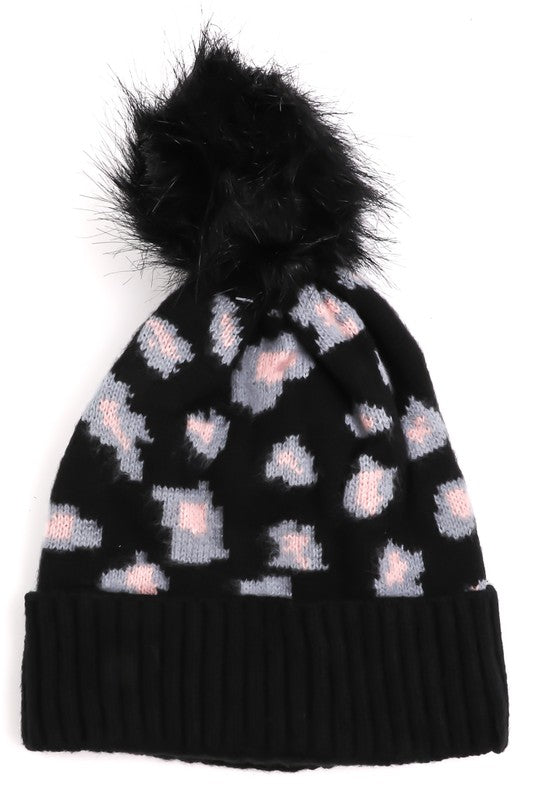 Pom Leopard Print Beanie