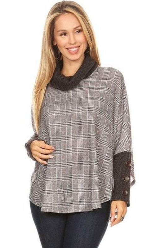 Knit Plaid Cowl Neck Pullover (Plus Size)