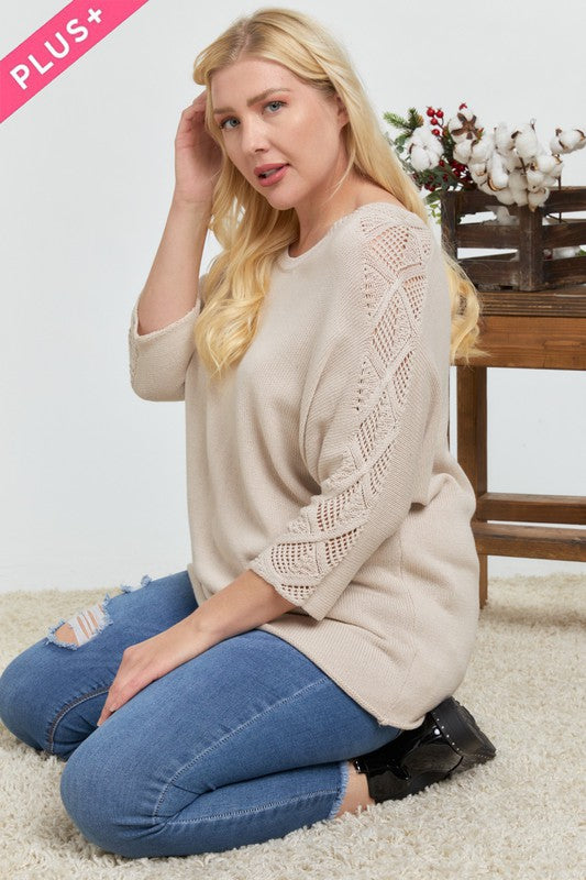 Plus 3/4 Sleeve Sweater with Knit Sleeve Accents