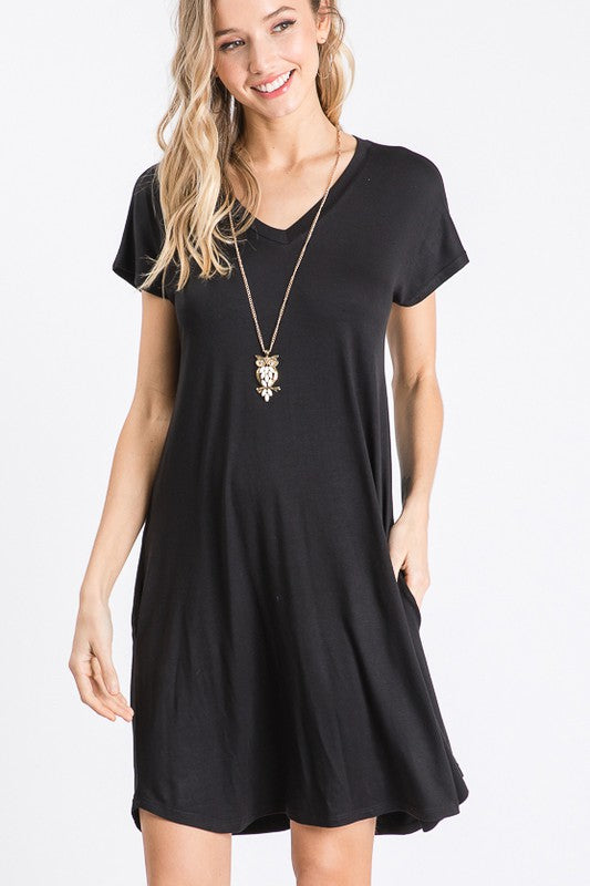 Short Sleeve V-Neck Solid Dress with side pockets