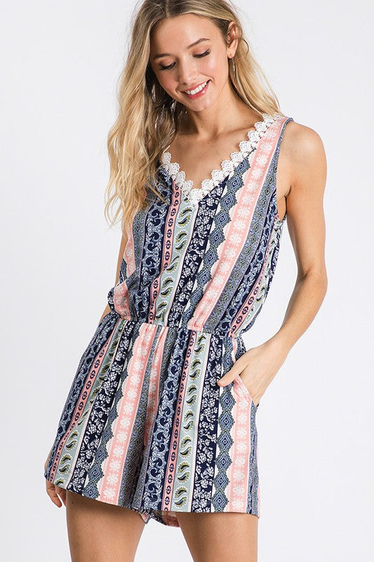 Multiple print romper with lace trim detail