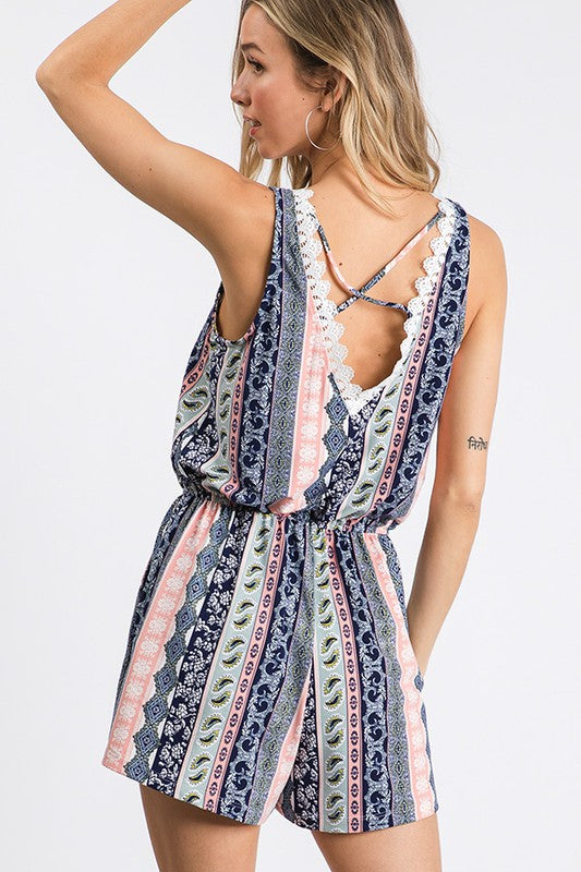 Multiple print romper with lace trim detail