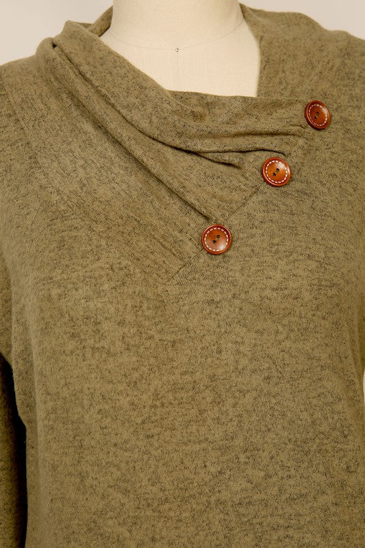 Long Sleeve Brushed Hacci Wood Button Accent Tunic