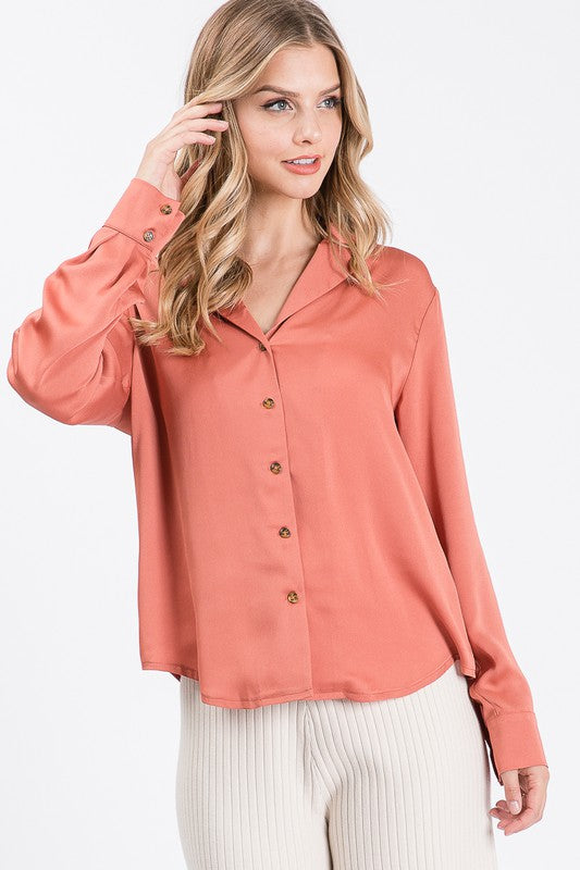 Satin Solid Button Down Long Sleeve Collar Blouse