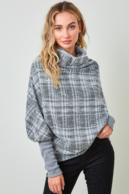 TextuRed Plaid Knit Top w/ Cowl Neck