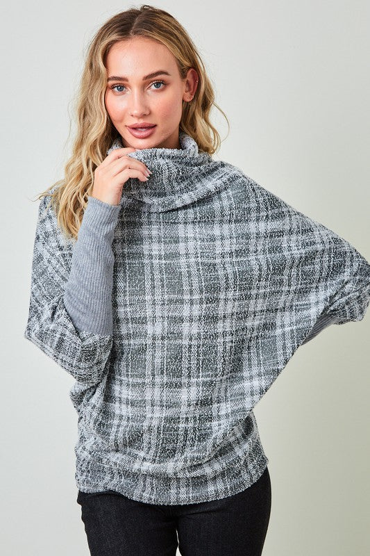 TextuRed Plaid Knit Top w/ Cowl Neck