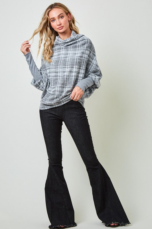 TextuRed Plaid Knit Top w/ Cowl Neck