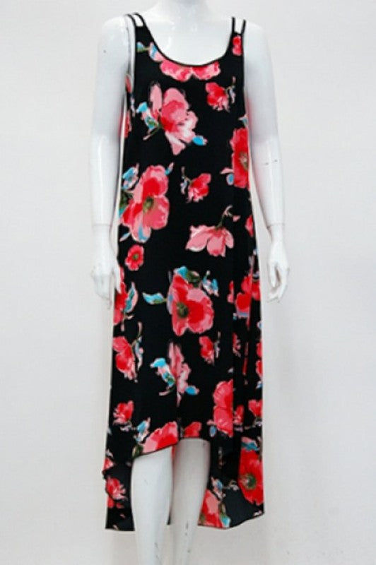 Floral Print Dress w/ Double Spaghetti Straps