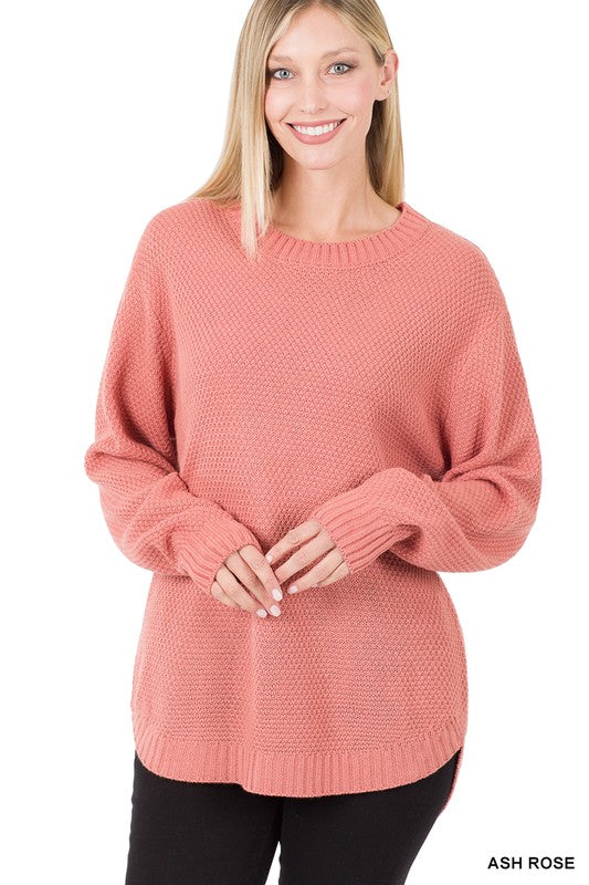 Hi-Low Long Sleeve Round Neck Sweater