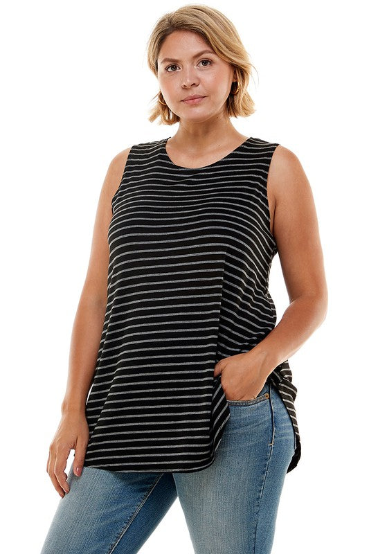 Stripe Print Casual Sleeveless Top Plus Size