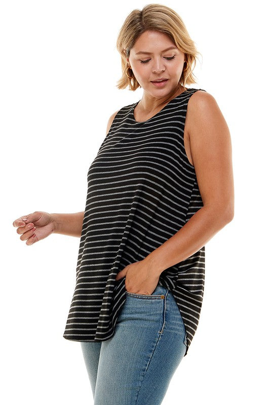 Stripe Print Casual Sleeveless Top Plus Size