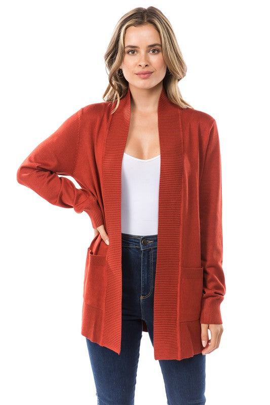 Cardigan with Ribbed Neckline and Pockets