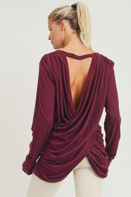 Long sleeve open overlay draped back top