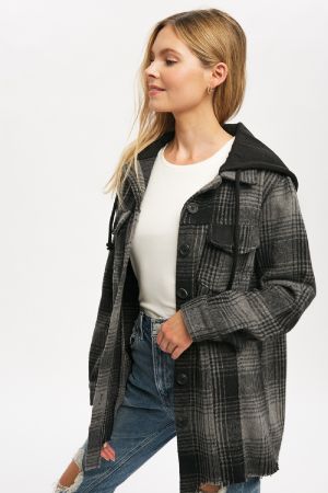 Plaid Shirt Jacket with Unbalanced Raw Hem and Hood