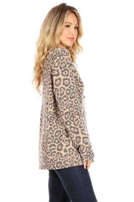 Leopard print long sleeve top with v-neckline