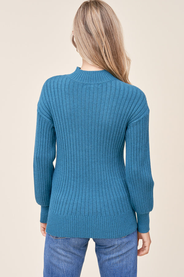 High Neck Ribbed Sweater Balloon Sleeves